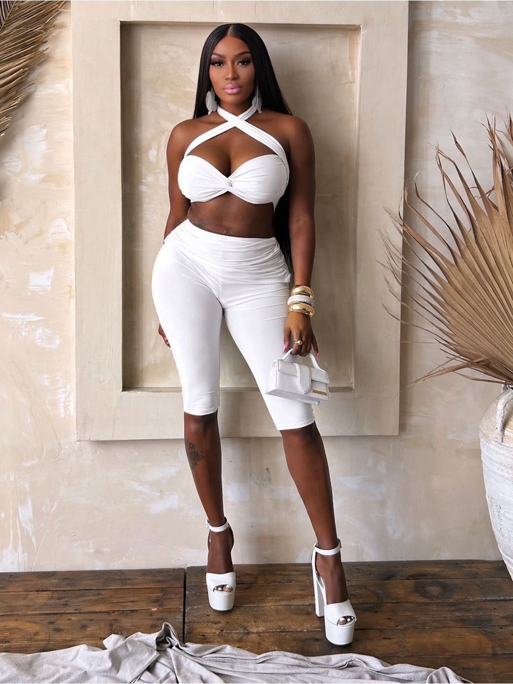 Women’s White Crisscross Crop Top & Knee-Length Pants Set